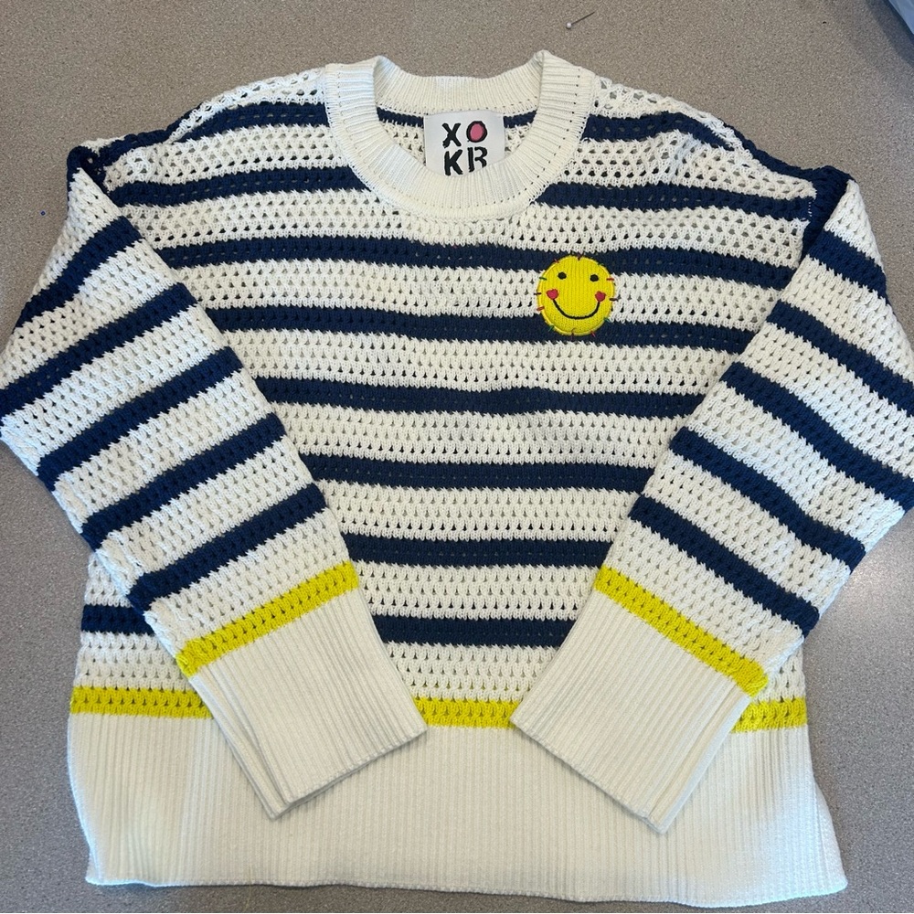 Kerri Rosenthal blue and white striped crochet knit sweater NWT